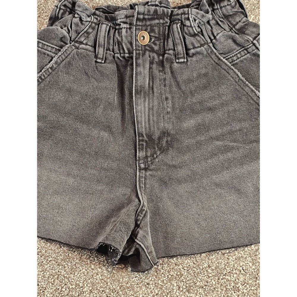 Zara Paperbag Waist Denim Shorts Washed Black Gray High Rise Frayed Hem